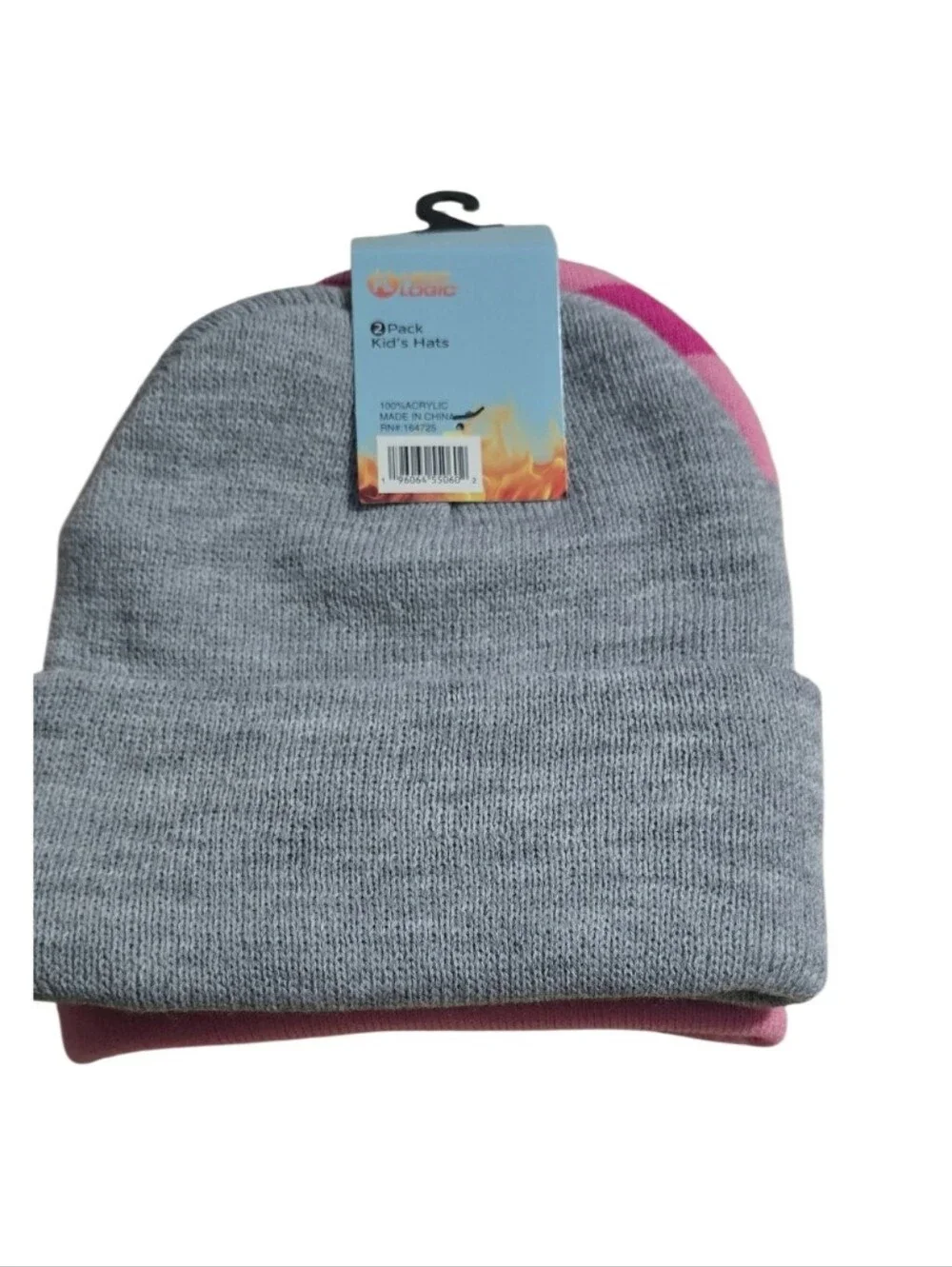 #HL05 Heat Logic Kids Pink & Grey Striped Knit Hat 2-Pack